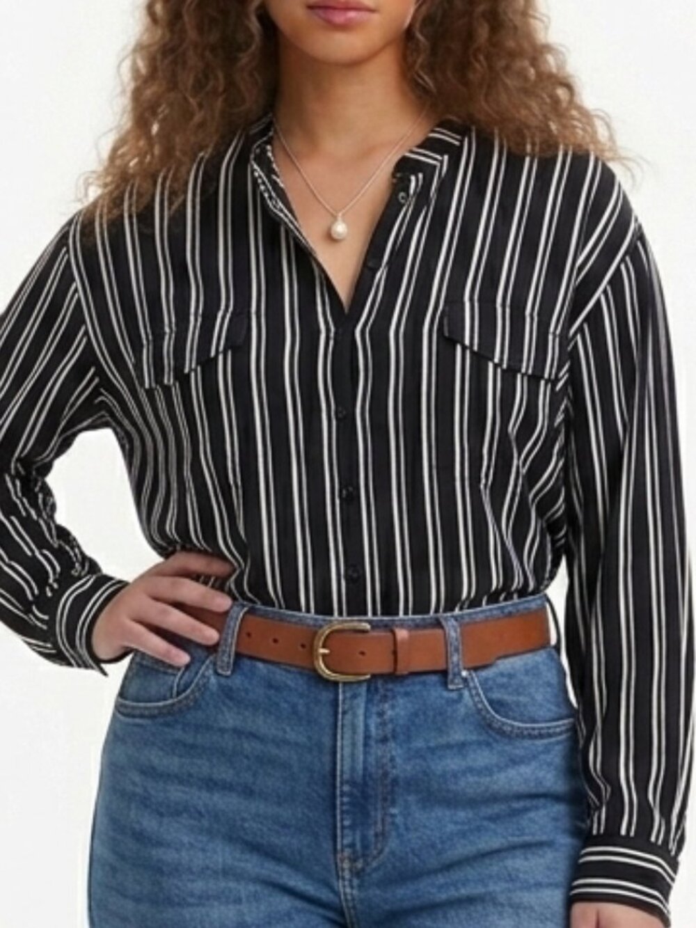 Vintage 90s Striped Button Up Shirt Top Librarian Preppy Pinstripe Office Blouse